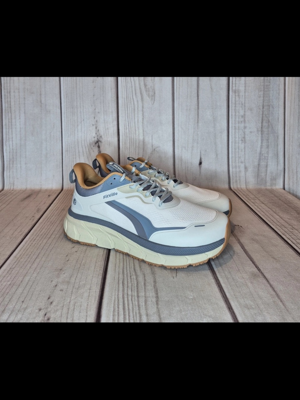 FitVille Men's Sz 11.5 EW Extra Wide Casual Comfort Running Shoes White/Caramel